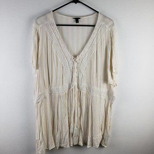 Torrid Women's Size‎ 4 Babydoll Crinkle Gauze Lace-Up Top Cream Crochet Inset